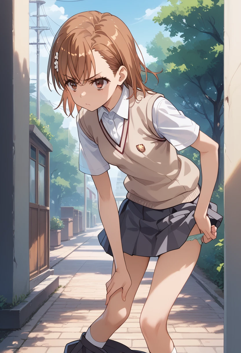 ((masterpiece,High resolution,Highest quality,8k))
(A Certain Scientific Railgun,Misaka Mikoto)(14-year-old female,Brown Hair,Short Hair,Small breasts,Slim figure)
(school uniform,Sweater vest,White Shirt,Short sleeve,mini skirt)Panties are pulled down to the knees,Back view,Leaning forward