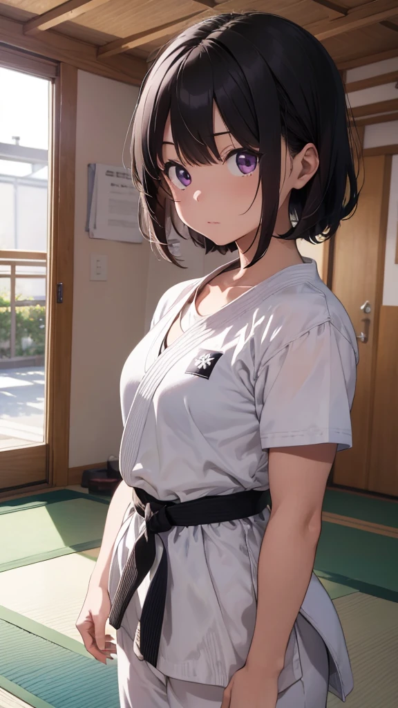 ((masterpiece, Highest quality, Very detailed, Very nice 8K CG wallpaper)), Shion Suminoe, A little thick, Unkempt hair, Black Hair, short hair, Purple eyes,judo player、長袖judo着、Large Breasts像、ロングjudoパンツ、judo、Serious expression、Inside the judo Gymnasium、、On the tatami、discovery、One Girl、Ready for battle、A tough fight、Black Hair、Hair between the eyes、Large Breasts