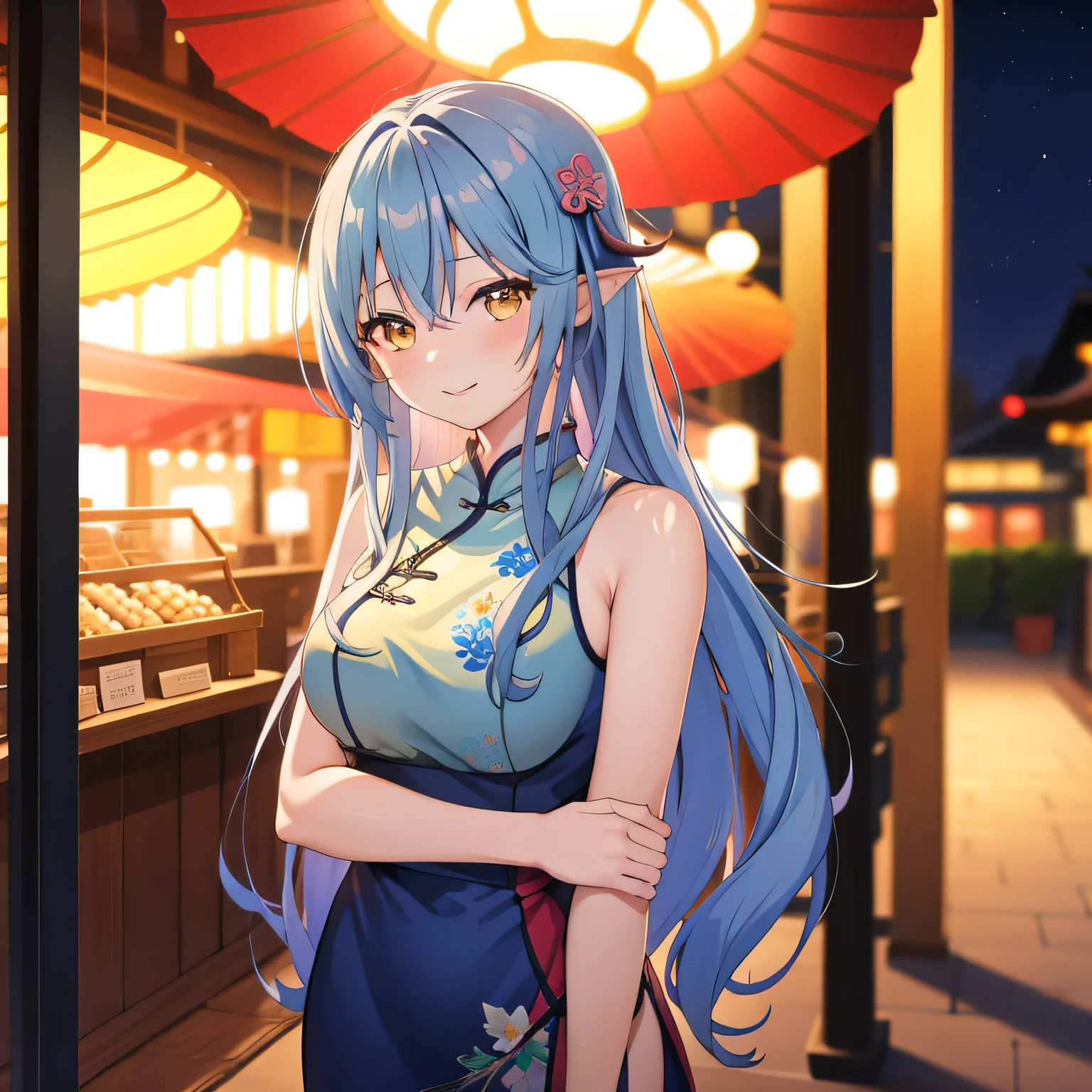 masterpiece, best quality, 1girl, solo, blush, yukihana lamy, long hair, hair between eyes, (( sexy blue qipao clothes)), seductive smiling, chinese market city, oriental, outdoors, night, extremely detailed 8K, smooth, high resolution, ultra quality, cinematic lighting, ambient occlusion, hd, 2k, 4k, 8k, 16k, extremely detailed anime, detailed faces, perfect composition, wide shot, atmospheric lighting, 