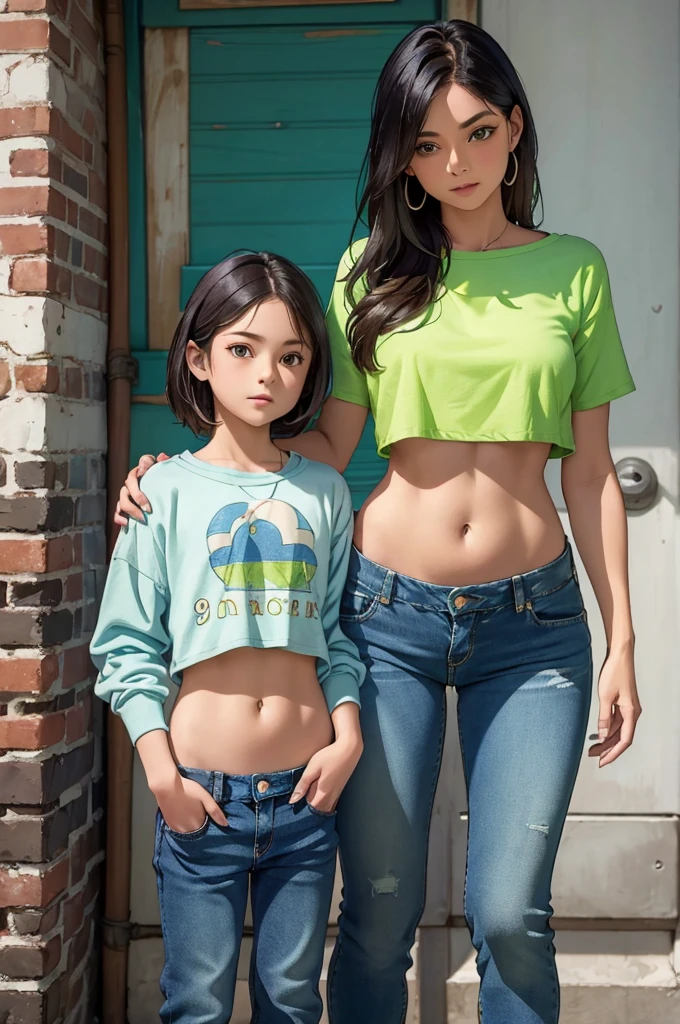 Woman wearing a green crop top, blue jeans, 50 years old, (((with her 9 year old daughter))) ,in the street , Show navel, Show your belly,  Revealing a large area of the abdomen around the navel., Realistic navel shape, Very low waisted pants , Beautiful stomach, 