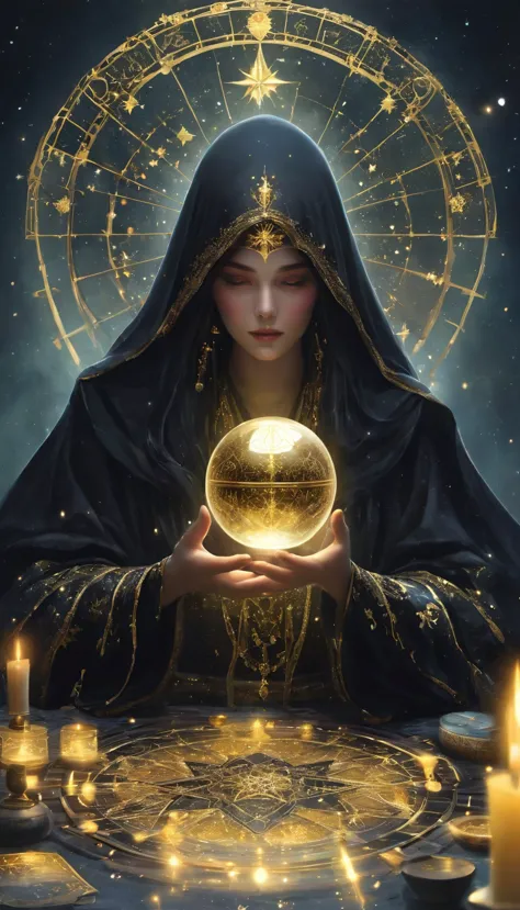 华丽的tarot, a robed astrologer sits quietly at a table covered with symbols，holding a crystal star ball in hand, there is text at ...