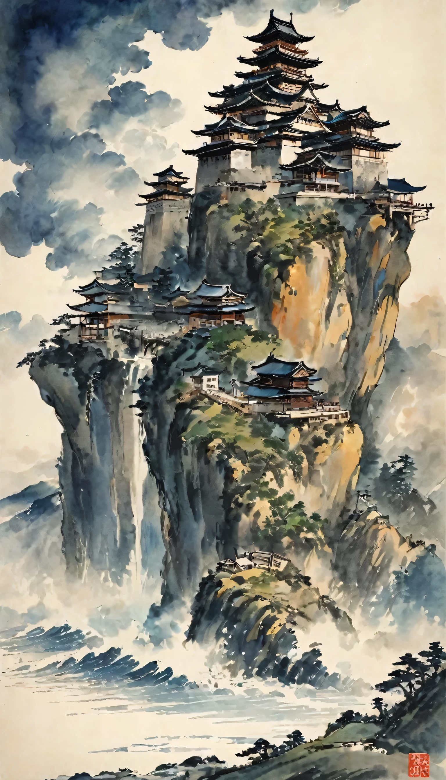 Katsushika Hokusai、vague、Mont、Huge castle、cliff、Rock surface、waterfall、port、gather together、Ink and watercolor、Light tones、calligraphy、Ink Painting　Ink Painting　Drawn with a brush　cyber punk　cloud　Characters written with a brush