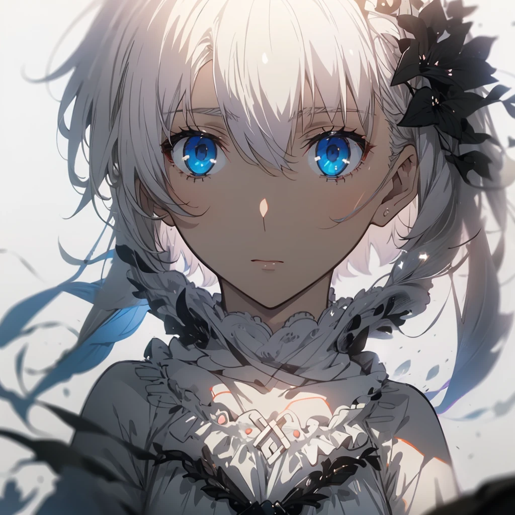 ((masterpiece, best quality)), Pure white background，Delicate face，JK style，Handsome short hair，((Half of her hair is white，The other half is black，Available in two colors))，beautiful eyes，Fantasy style，Extremely beautiful，Transparent underwear，Lace，Pantyhose