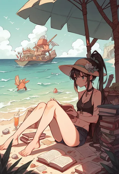 create an illustration for a book where a girl stands on the beach and looks at the sea