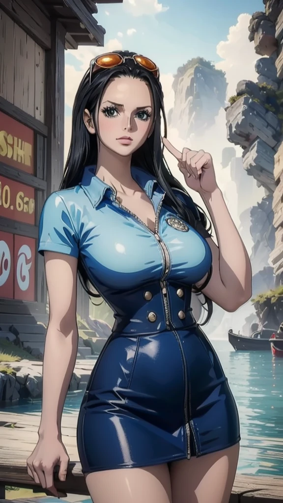 ((top-quality, 8K, masterpiece:1.3)), A detailed eye, (looking at from the front), Look at the camera, ((Everything is sparkling、reflecting light:1.2)), (Best Ratio: 4 fingers, 1 thumb), (portrait), 1 person, Nico Robin ((one piece)), Beautiful woman with perfect body, Highly detailed facial and skin texture, sexy posing, outdoor, city times square, wearing a short skirt, wearing accessories on head, wearing a light blue shirt, all fingers pointing at viewer,