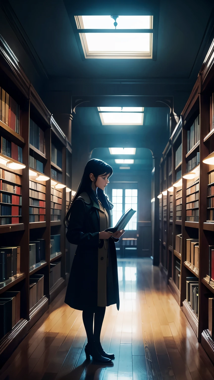 Eine Frau im Mantel steht in einem Flur und schaut sich ein Buch an, Lernen in einem hell erleuchteten Raum, In einem schwach beleuchteten Raum stehen, fleißiges Helldunkel, Standbild aus dem Film of magician school girl, staubige Bibliothek, in einer düsteren Bibliothek, perfekt ausgeleuchtet. Standbild aus dem Film, wissenschaftlich, in einer magischen Bibliothek stehen