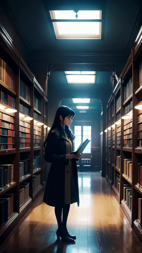 arafed woman in a coat standing in a hallway looking at a book, studying in a brightly lit room, standing in a dimly lit room, s...