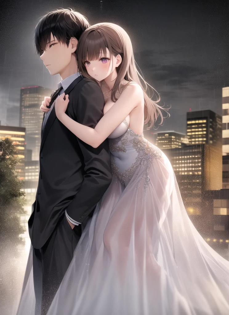 One girl,One boy,  Hug from behind, Long dress, formal, heavy rain, storm, Outdoor, Volumetric lighting, whole body