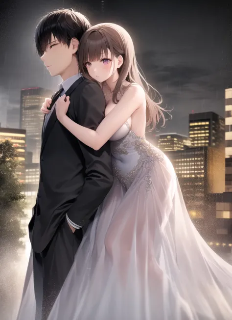 one girl,one boy,  hug from behind, long dress, formal, heavy rain, storm, outdoor, volumetric lighting, whole body