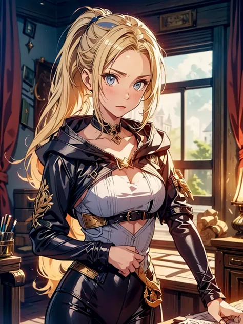 blonde twenty years old female, european female, mage apprentice, fair but not beautiful, weak, confident, bratty in a magic aca...