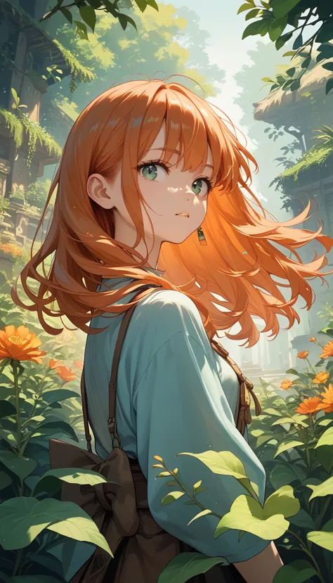 anime girl, ginger hair with bangs, magical plant outfit, fully rendered,