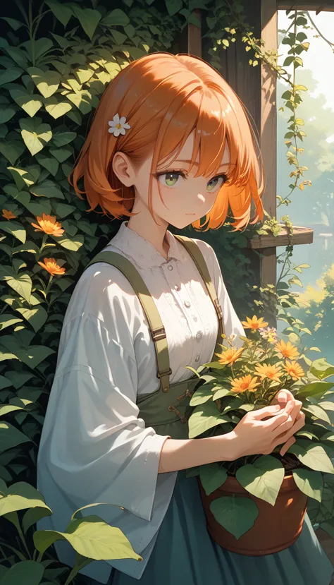 anime girl, ginger hair with bangs, magical plant outfit,