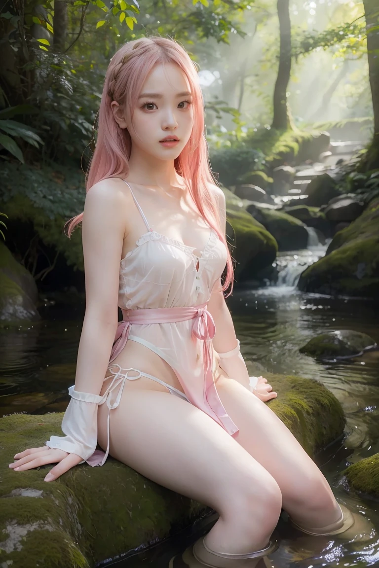 Rose from blackpink, pink hair, (full body), wearing medieval long cotton nightie clothes, sitting on a rock, feet in the water, Drenched hair, The background is a forest, sunset, (masterpiece, best quality, award winning, highres), skinny, intricate and beautiful design, highly detailed beautiful face, super detailed beautiful eyes, light smile, sitting near stream, forest, leaves flow, windy, sun lights through forest, fantasy art, dynamic lighting, cinematic lighting, hyper realistic, extremely CG detail, octane render, (artistic + masterpiece:1.4), (incredibly detailed eyes), (8k, Photorealistic, Photo RAW, Best quality: 1.4), (UHD), (Ultra high realism), (Ultra high definition), (Ultra high detail), (Realistic face), Beautiful hairstyle, Realistic bright amber eyes, Beautiful details, (Realistic skin), Pale, smooth and luminous skin with iridescent shine and no imperfections, Ultra high definition, Ultra realistic, Highly detailed, (Cleavage: 0.8)