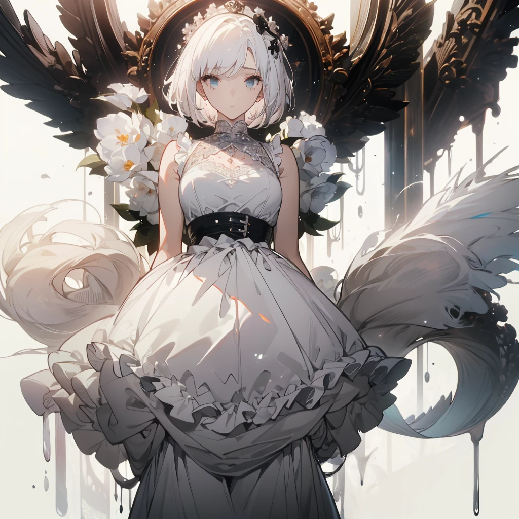 ((masterpiece, best quality)), Pure white background，Delicate face，JK style，whole body，Standing picture，Perfect proportion，Handsome short hair，((Half of her hair is white，The other half is black，Available in two colors))，beautiful eyes，Fantasy style，Extremely beautiful，Transparent underwear，Lace，Pantyhose