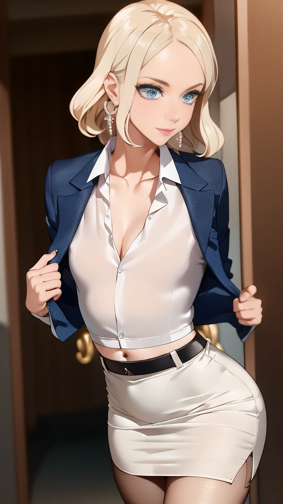 1 mature woman, light peach skin, big blue eyes, be blonde formal hair, pearl earrings, pearl necklace, wearing white crop top, wearing blue tight mini dress, at the office, seductive, open jacket, small bust
