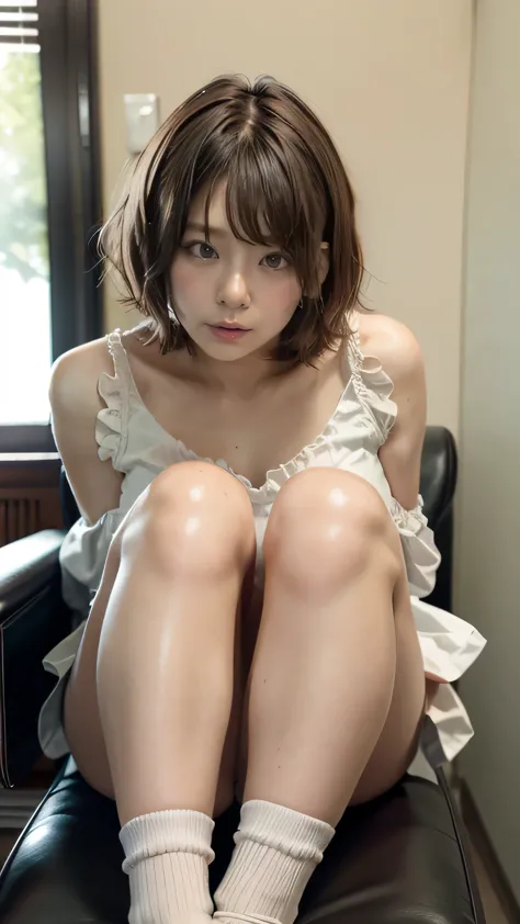 (Girl sitting on chair:1.2、Spread your legs)、((Ruffled blouse、Pleated mini skirt:1.5、Wearing knee-high socks:1.4、Detailed white ...