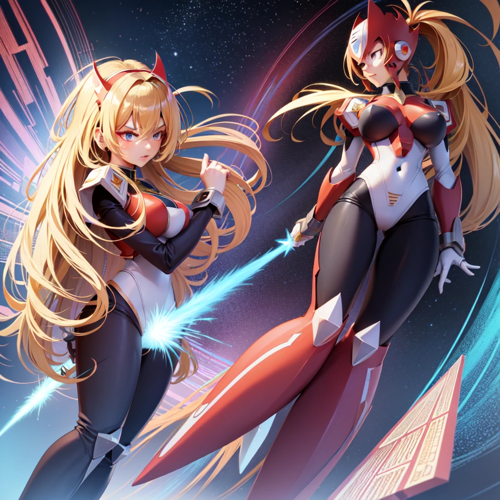 (anime style),(pretty and clearly image,masterpiece,cg,best quality,highres, extremely beautiful and delicate,good anatomy:1.3 ),(detailed eyes),perfect face,powerful,manly,strong will,determination,1boy,zero_megamanx, blue eyes, blonde hair, ponytail, very long hair, helmet, android, male focus, full body, facing viewer, holding beam_saber,dynamic pose,science fiction, impacted,dramatic,detailed background,battlefield,style of cyberpunk