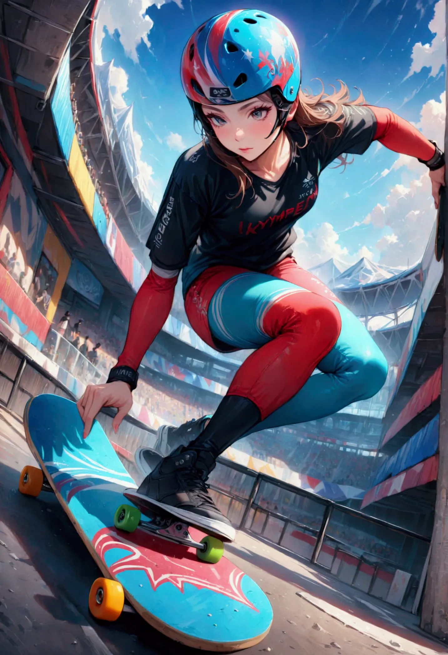 skateboard athlete, at the skateboard venue, detailed skateboard, (masterpiece:1.2), best quality, high quality, Highres, (hyper...