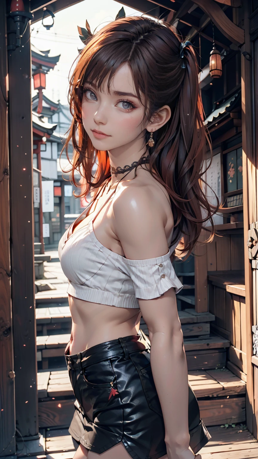 24-year-old female、Red hair、long hair、blue eyes、Two Side Up((hair two side up))、Off-the-shoulder tops、I can see my belly button、Low-rise miniskirt、Lace-up sandals、Lace-embellished choker、Xin Haicheng、「Your Name。」、Located in Yotsuya, Tokyo「Suga Shrine」、The view when looking back from the top of the stairs