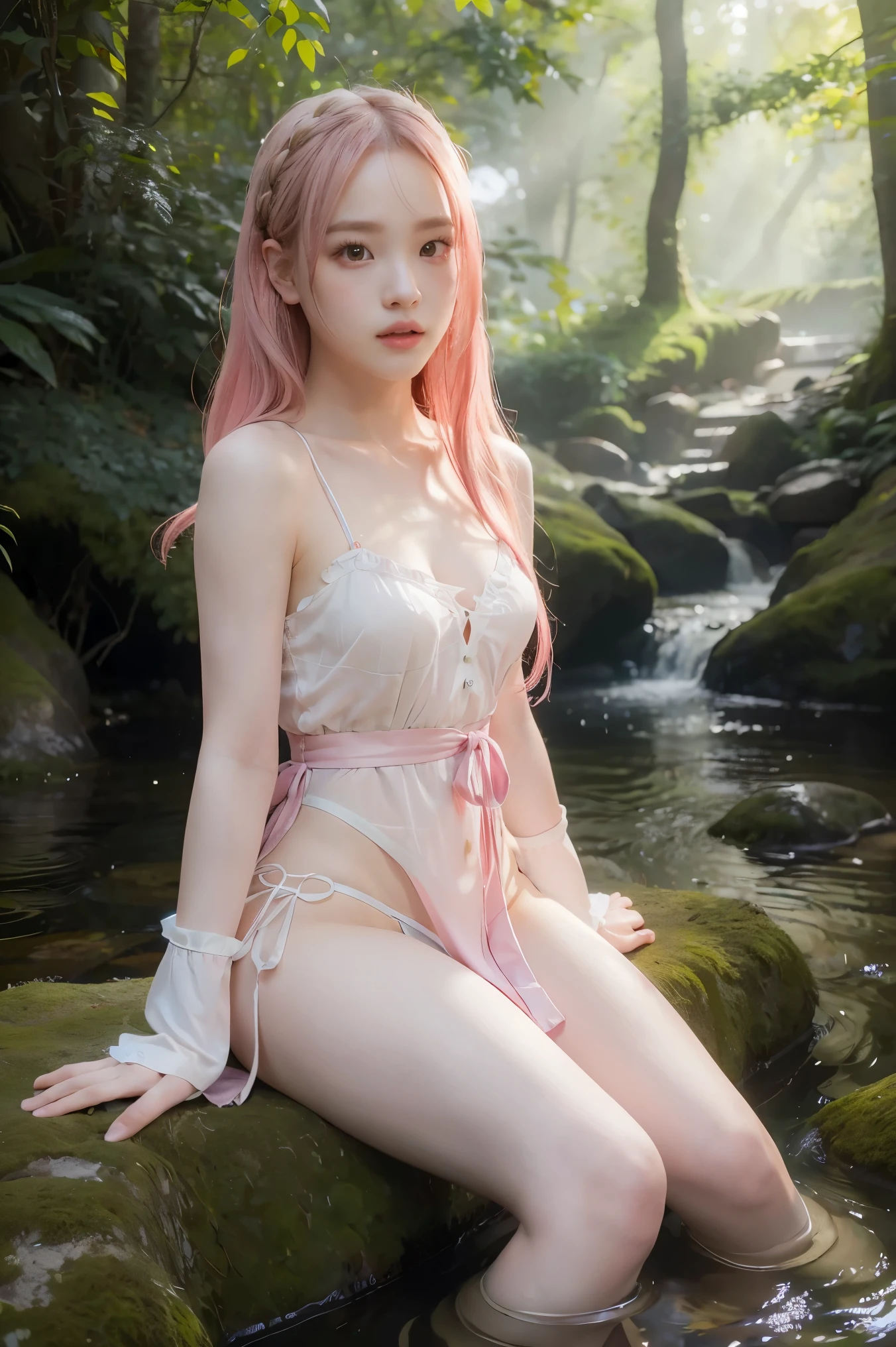 Rose from blackpink, pink hair, (full body), wearing medieval long cotton nightie clothes, sitting on a rock, feet in the water, Drenched hair, The background is a forest, sunset, (masterpiece, best quality, award winning, highres), skinny, intricate and beautiful design, highly detailed beautiful face, super detailed beautiful eyes, light smile, sitting near stream, forest, leaves flow, windy, sun lights through forest, fantasy art, dynamic lighting, cinematic lighting, hyper realistic, extremely CG detail, octane render, (artistic + masterpiece:1.4), (incredibly detailed eyes), (8k, Photorealistic, Photo RAW, Best quality: 1.4), (UHD), (Ultra high realism), (Ultra high definition), (Ultra high detail), (Realistic face), Beautiful hairstyle, Realistic bright amber eyes, Beautiful details, (Realistic skin), Pale, smooth and luminous skin with iridescent shine and no imperfections, Ultra high definition, Ultra realistic, Highly detailed, (Cleavage: 0.8)