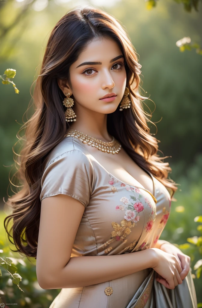 (masterpiece:1.5), (hyper-realistic:1.5), (high quality, 4k, highres, realistic:1.2), ((full body shot)), (Wide angle shot), Extremely stunning depiction of a  beautiful gujarati girl, wearing traditional gujarati dress with matching fashion accessories. The girl should possess exquisite symmetrical facial features, including beautiful detailed glossy eyes, delicate nose, and captivating full glossy lips, perefect natural round medium breasts. She should radiate a sense of grace and softness. The background should showcase a surreal lake, with vibrant flowers, mountains and lush greenery in the background. The scene should be bathed in soft, ethereal lighting, casting gentle shadows and highlighting the woman's ethereal beauty. The artwork should be rendered in a medium that combines the depth and texture of classical oil paintings with the vividness and precision of digital art. The colors and tones should reflect the melancholic essence, with a mixture of muted grays, blues, and hints of warm sepia. The final image should be visually stunning and evoke a sense of awe and contemplation, capturing the essence of a divine presence