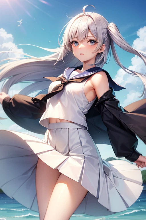 (master_piece, high_quality, beautiful, super delicate, absurdres:1.2), 1girl, mature, 16 years old, beautiful face, ahoge, hair fluttering in the wind, white hair, blue eye, (sailor long windy dress suit, long skirt, The wind is blowing, Skirt flipped up, I can see your underwear, panty is shown, skirt that flipped in the wind, skirt billowing, I can see your underwear, wind lift:1.2), port, (clear water, gemstone sea:1.2), Ship in the distance, The trails that planes make, blue sky, Sunshine, street in the distance,