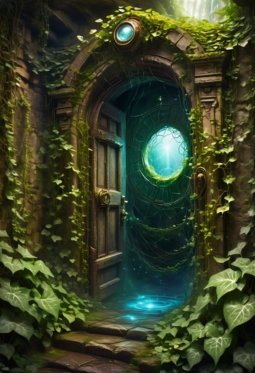 Forgotten Gate of Time and Space, fantasy theme, concept art, The deepest door in the underground maze, a door made of magic, Time travel portal, (A door that cannot be opened due to ivy and cobwebs:1.3, Shiny magic net), (Old and rusty door, dirty), dark, (Magical breath leaks from outside the door:1.3),  (masterpiece), (best quality), (Ultra-high detail)