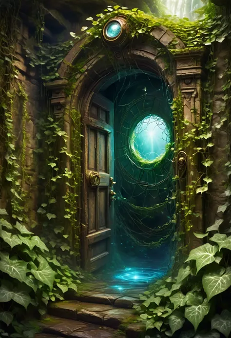 forgotten gate of time and space, fantasy theme, concept art, the deepest door in the underground maze, a door made of magic, ti...