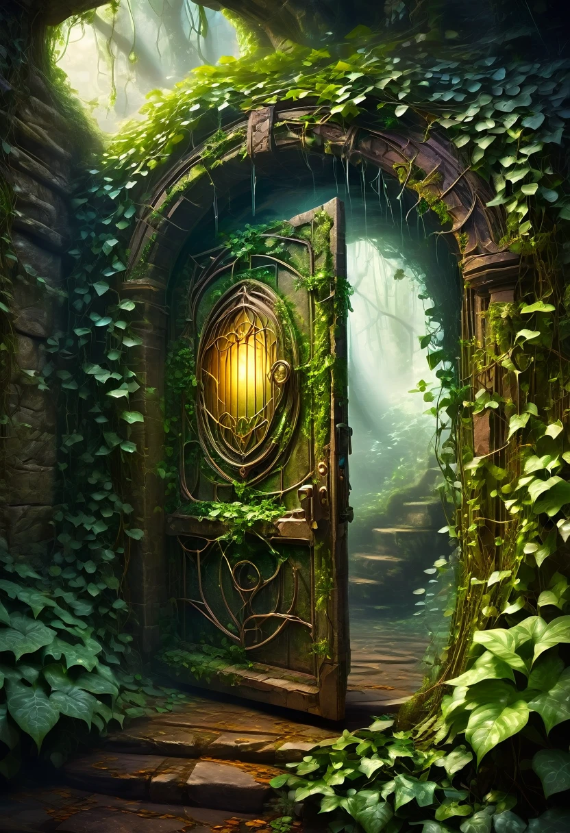 Forgotten Gate of Time and Space, fantasy theme, concept art, The deepest door in the underground maze, a door made of magic, Time travel portal, (A door that cannot be opened due to ivy and cobwebs:1.3, Shiny magic net), (Old and rusty door, dirty), dark, (Magical breath leaks from outside the door:1.3),  (masterpiece), (best quality), (Ultra-high detail)