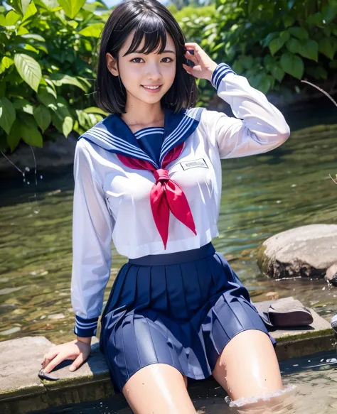 (masterpiece, 8k, best quality:1.2), in the river, outdoor, 1girl, 20 yo school girl,  smile, looking at viewer,  sailor uniform...