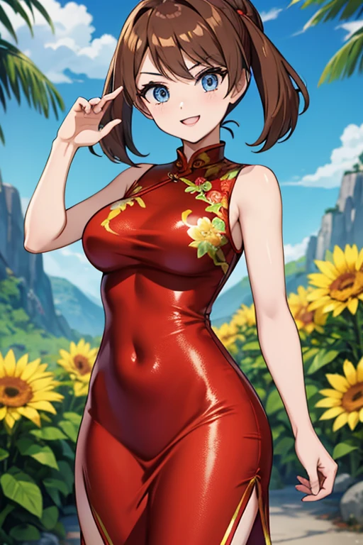 adulto_Poderia_de_Pokémon, (vermelho_brilhante_cheongsam_vestir_com_amarelo_Padrão | lustroso_seda_material | brilhante_tecido | floral Padrão), (bonito cabelo | cabelo castanho), (azul_olhos), Motivado_pose, mal, vilão, mal_sorriso, médio_seios, Natureza, Cidade, fêmea, Alta resolução, 8K, tiro de vaqueiro