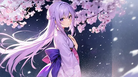 woman　clear　light purple hair　　kimono　　anime style　　early showa period　snow