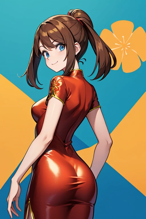 adult_may_from_pokemon, (red_shiny_cheongsam_dress_with_yellow_pattern | glossy_silk_material | shiny_fabric | floral pattern), (cute hair | brown hair | long_on_backside), (blue_eyes), motivated_pose, evil, villain, evil_smile, skinny, medium_breasts, town, female, high resolution, 8k, cowboy shot