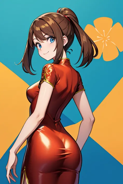 adult_may_from_pokemon, (red_shiny_cheongsam_dress_with_yellow_pattern | glossy_silk_material | shiny_fabric | floral pattern), ...