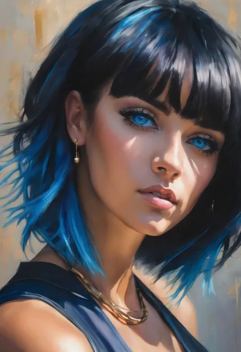A striking woman with a bold sense of style, her blue hair styled in a sleek bob with bangs framing her face. Her intense blue e...