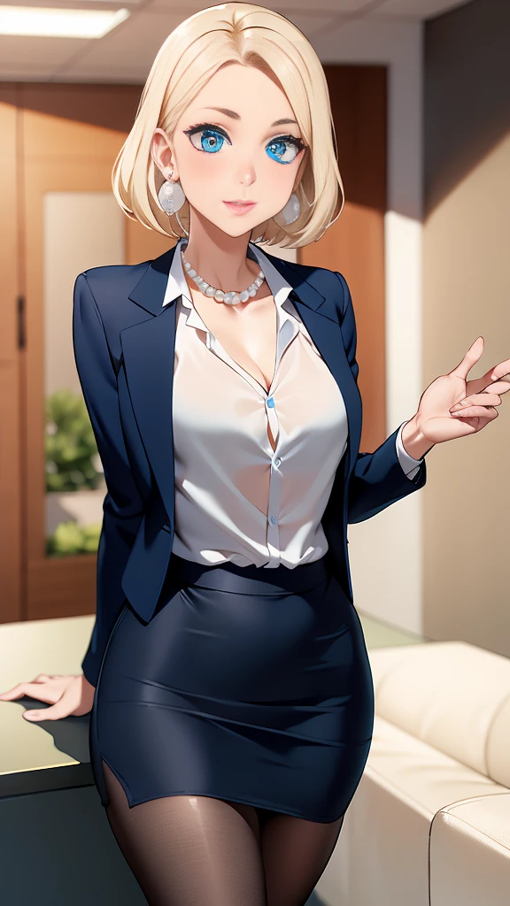 1 mature woman, light peach skin, big blue eyes, blonde formal hair, pearl earrings, pearl necklace, wearing white top, wearing blue tight short skirt, at the office, seductive, open jacket, small bust, professional and SFW, silk stockings
