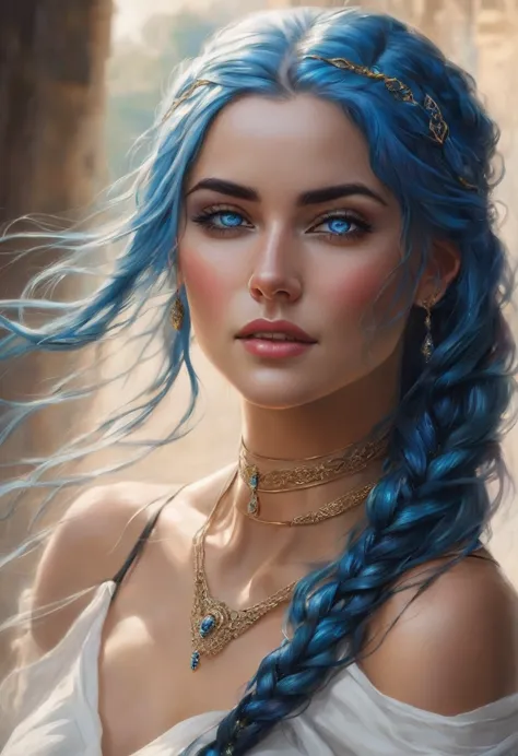 A stunning woman with long, flowing black hair cascading down her bare shoulders, her piercing blue eyes locked onto the viewer ...