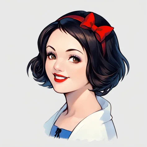 snowwhite, portraits, white background, solo, 1girl, score_9, score_8_up,score_7_up, black hair, hair bow, bow, brown eyes, dres...