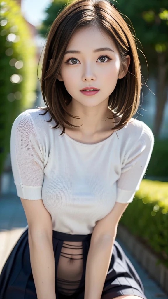 girl (masterpiece: 1.4), (8k, Genuine, RAW Photos, Highest quality: 1.4), Japanese, (1 girl), Beautiful Face, (Genuine Face: 1.4), (Caramel Hair, Long Hair: 1.3), Beautiful hairstyle, Genuineistic Eyes, Beautiful details in the eyes, (Genuine Skin: 1.3), Beautiful Skin, Charm, 超High resolution, Ultra Genuineistic, High resolution, Golden Ratio, (Detailed face: 1.4), (Anna Tanaka), skirt, Business suit and cotton underwear, Browsing Caution, Pause (Bend your knees and spread your legs), front