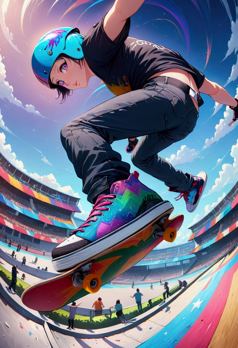 Skateboarding, Skateboardfahrer, Rückseite 180, (Meisterwerk:1.2), beste Qualität, gute Qualität, Highres, (hyperdetailliert), Skatehelm, detailliertes Skateboard, Skateboard-Fokus, Skateboardschuhe, dynamische Luftaufnahmen, Olympischer Skatepark, Publikum,