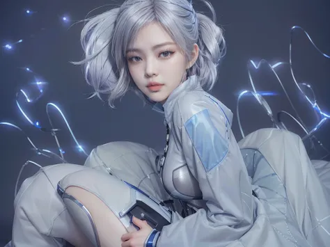 there is a woman with a gray hair and blue eyes, realistic anime 3 d style, hyper realistic anime, echo from overwatch, photorea...