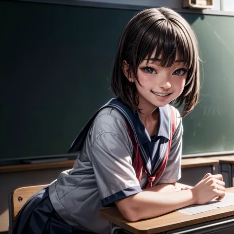 hyper realistic, young japanese girl, ((bad crooked teeth)) , ((yaeba teeth  smile )), ((wearing a school outfit)),((classroom b...