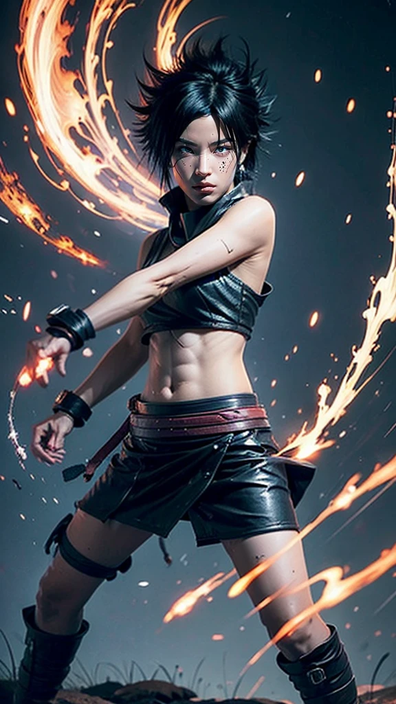 Moisturized skin, (red eyes), realistic body, (adult female body), energetic, (16 years old), (girl), crop top,
BREAK,
bright red lipstick, (beautiful navel), (black hair), beautiful hair, (Uchiha Sasuke's clothes), (leather), mini skirt,
BREAK,
((masterpiece + highest quality + high resolution + highly detailed)), (full body: 1.2), symmetrical, one shot,
BREAK,
(electric shock), (wind blows), (blue electricity), (battle stance: 1.4),
BREAK,
assassination, kunai, fantastical, dynamic,