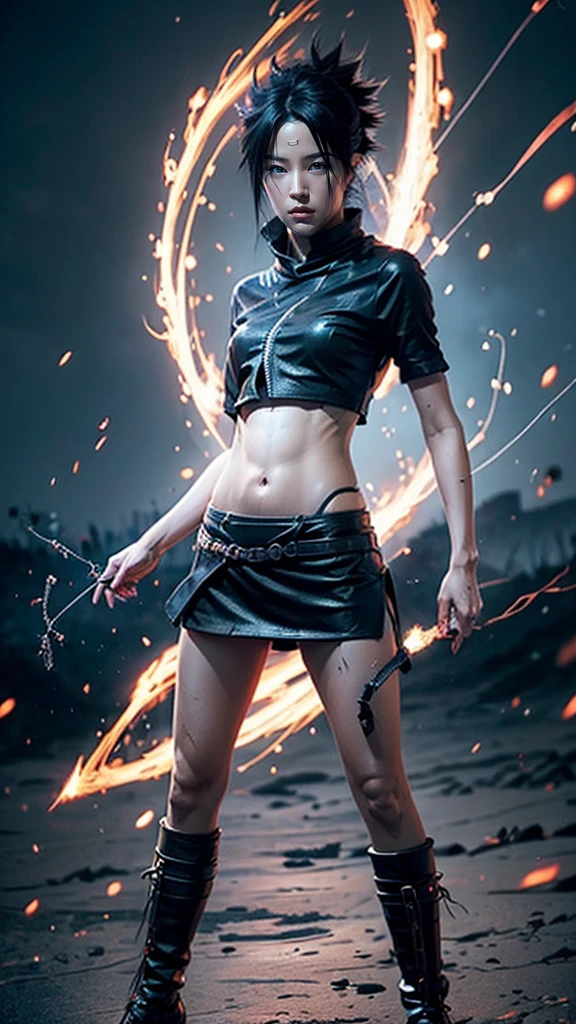 Moisturized skin, (red eyes), realistic body, (adult female body), energetic, (16 years old), (girl), crop top,
BREAK,
bright red lipstick, (beautiful navel), (black hair), beautiful hair, (Uchiha Sasuke's clothes), (leather), mini skirt,
BREAK,
((masterpiece + highest quality + high resolution + highly detailed)), (full body: 1.2), symmetrical, one shot,
BREAK,
(electric shock), (wind blows), (blue electricity), (battle stance: 1.4),
BREAK,
assassination, kunai, fantastical, dynamic,