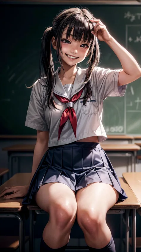 hyper realistic, young japanese girl, ((bad crooked teeth)) , ((yaeba teeth  smile )), ((wearing a school outfit)),((classroom b...