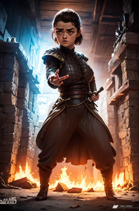 cinematic poster, Arte centrada, 1 girl, solo, ((sozinho)), (((only one character))),  Arya Stark in dynamic pose, busty milf