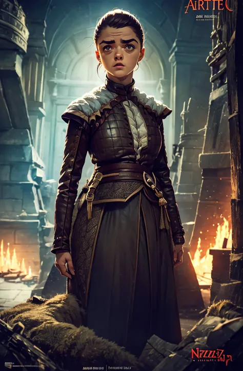 cinematic poster, Arte centrada, 1 girl, solo, ((sozinho)), (((only one character))),  Arya Stark in dynamic pose, busty milf