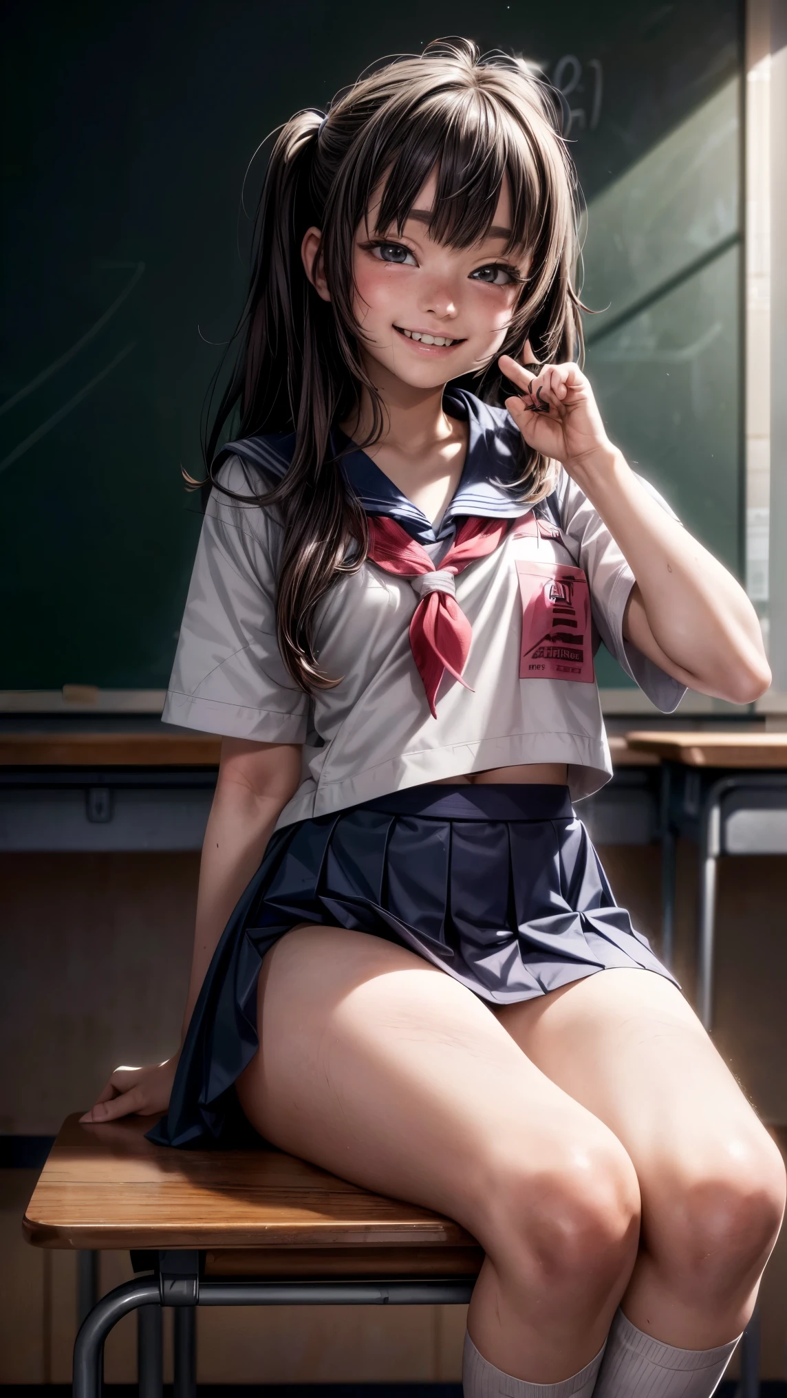 hyper realistic, young japanese girl, ((bad crooked teeth)) , ((yaeba teeth  smile )), ((wearing a school outfit)),((classroom background)),(sitting on school chair, her face is looking at 
  the classe's white  board to  her front )) , (she is bored))