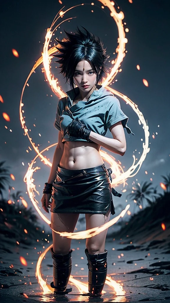 Moisturized skin, (red eyes), realistic body, (adult female body), energetic, (16 years old), (girl), crop top,
BREAK,
bright red lipstick, (beautiful navel), (black hair), beautiful hair, (Uchiha Sasuke's clothes), (leather), mini skirt,
BREAK,
((masterpiece + highest quality + high resolution + highly detailed)), (full body: 1.2), symmetrical, one shot,
BREAK,
(electric shock), (wind blows), (blue electricity), (battle stance: 1.4),
BREAK,
assassination, kunai, fantastical, dynamic,