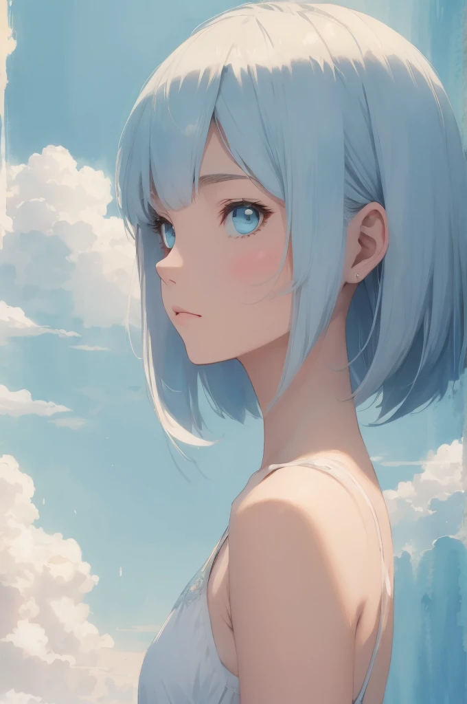 Absurd, High resolution, Very detailed, Beautiful girl, Bob cut blended into the clouds, (Hold Empty), de luz, Pale blue and pale white style, Pale colors, Bright colors, Fantasy watercolor style, Soft Blending, A dreamy, romantic wash, Refreshing texture